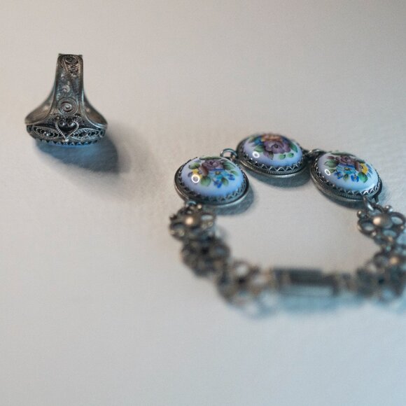 Vintage 1970s USSR Finift Enamel Bracelet + Matching Ring Set • Hand-Painted - Picture 5 of 6